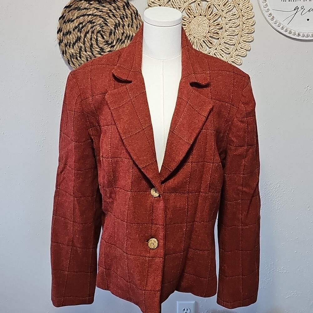 Cropped Windowpane Rust Double Button Notch Lapel Wool Blazer Womens L